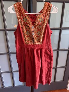 Lucky Brand Rust Red Embroidered V-Neck Dreewith Turquoise Accents and Pockets